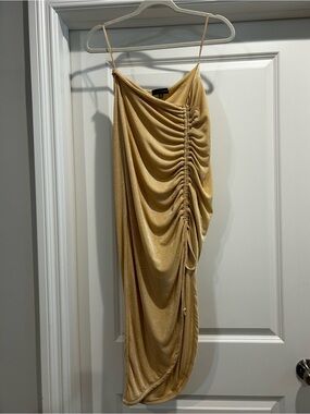 JLUXLABEL Gold One-Shoulder Ruched Mini Dress
